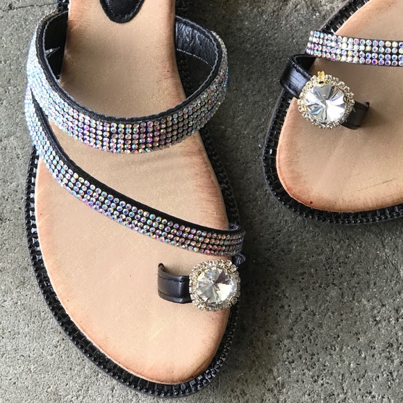 Bolaro Black Toe Ring Rhinestone Slide Sandal - Picture 3 of 8